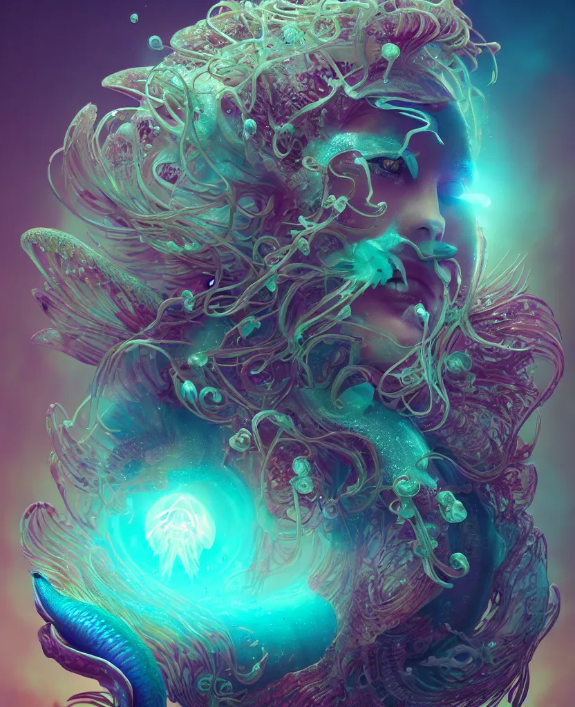 Image similar to goddess close-up portrait. chimera orchid jellyfish phoenix head, nautilus, skull, betta fish, bioluminiscent creatures, intricate artwork by Tooth Wu and wlop and beeple. octane render, trending on artstation, greg rutkowski very coherent symmetrical artwork. cinematic, hyper realism, high detail, octane render, 8k