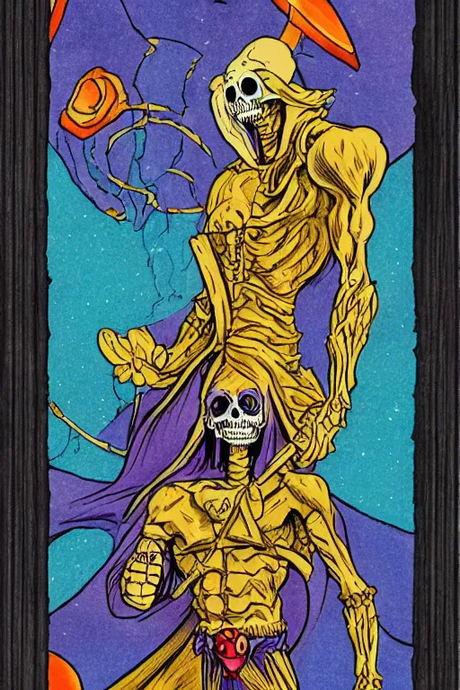 Prompt: skeletor tarot card, illustrated by john dyer baizley