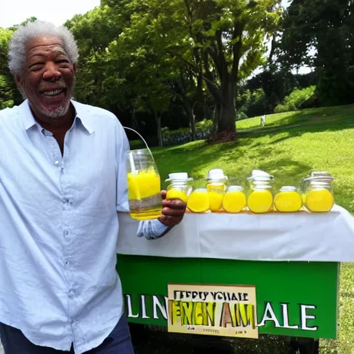 Prompt: happy morgan freeman selling free lemonade