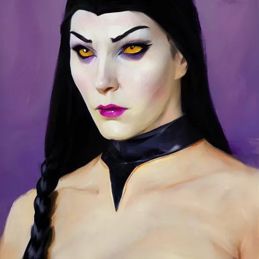 Image similar to greg manchess portrait painting of partially armored wednesday from addams family as overwatch character, medium shot, asymmetrical, profile picture, organic painting, sunny day, matte painting, bold shapes, hard edges, street art, trending on artstation, by huang guangjian and gil elvgren and greg rutkowski