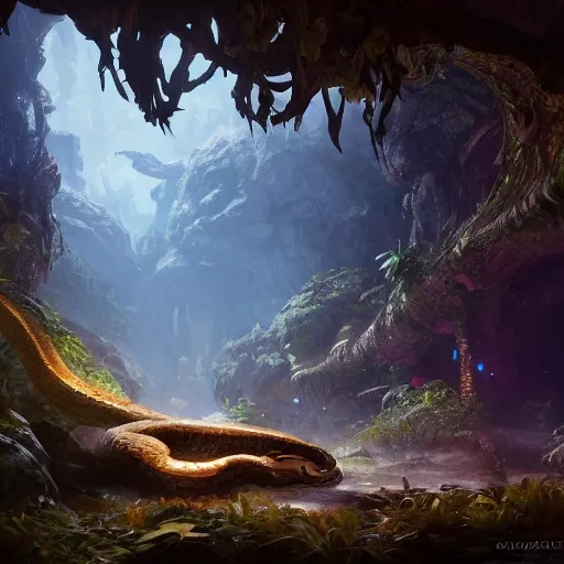 Image similar to Giant snake resting in a cave, natural light, lush plants and flowers, elegant, intricate, fantasy, atmospheric lighting, by Greg rutkowski, league of legends splash art