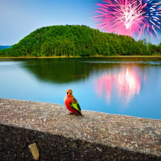 Image similar to lovebird watching fireworks show at a lake, reflective, sunny day, landscape photography, nature, stones