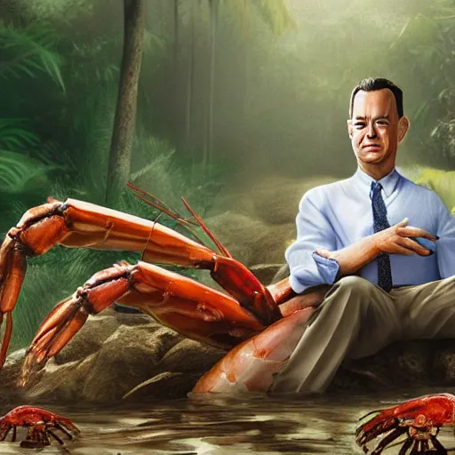 Image similar to Tom Hanks as forrest gump sitting on a giant shrimp in the jungle, realistic digital painting, in the style of Taeyoung Choi, photoreailstic, realistic face, amazing detail, sharp