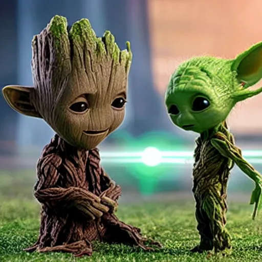 Image similar to baby groot and baby yoda having fun playing games, highly detailed