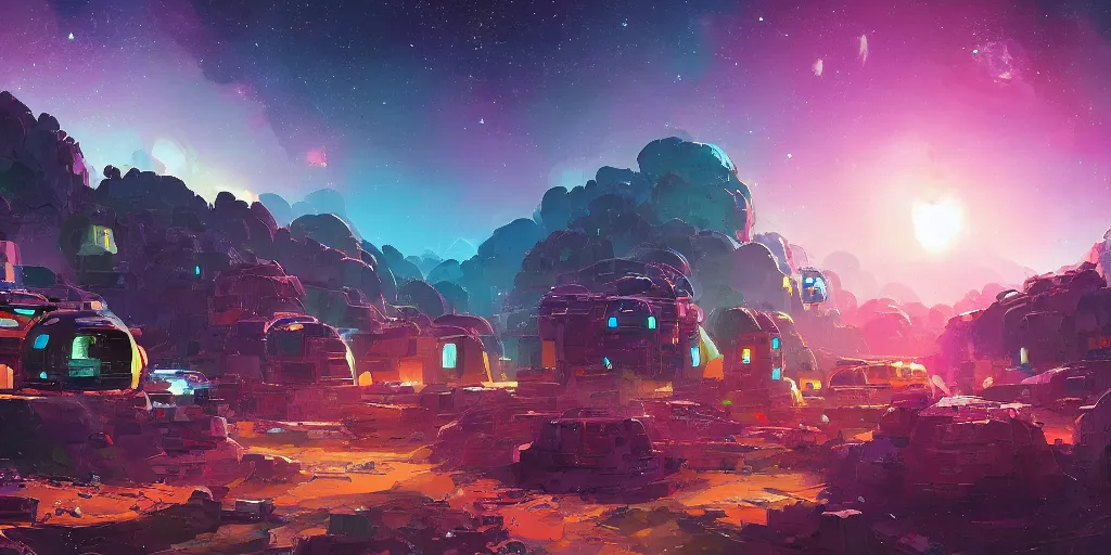 Image similar to a small asteroid mining village nestled in a space cave by alena aenami, petros afshar, colin campbell cooper speedart