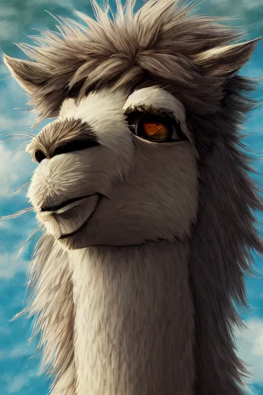 Image similar to Highly detailed anime, wild fluffy llama portrait, studio Ghibli, Makoto Shinkai,