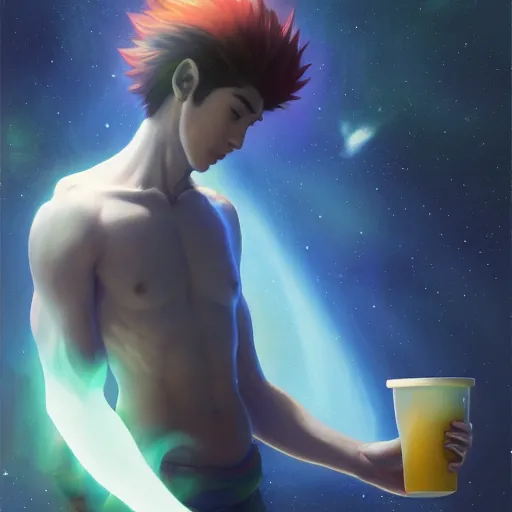 Image similar to A man drinking a cup of cosmic energy bright light by Masafumi Harada, 4k, digital art, surreal, anime style, space dandy style, highly detailed, godsend, artstation, digital painting, concept art, smooth, sharp focus, illustration by Ruan Jia and Mandy Jurgens and William-Adolphe Bouguereau, Artgerm