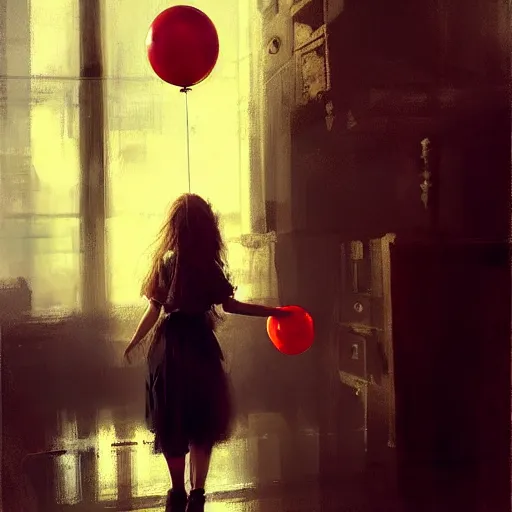 Prompt: a beautiful girl holding a baloon, concept art, jeremy mann