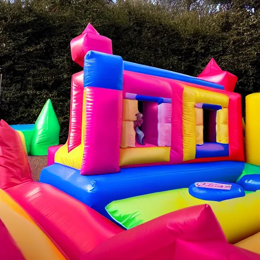 Image similar to photo of endless dimly lit liminal space made of bouncy castle