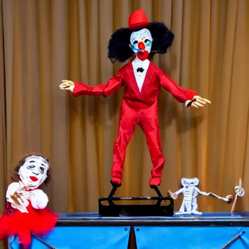 Image similar to puppeteer using a string marionette of a president with clown makeup in a podium