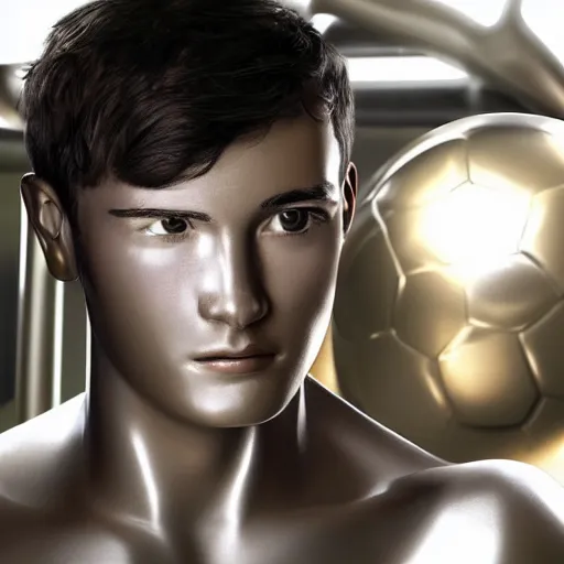 Image similar to a realistic detailed photo of a guy who is an attractive humanoid who is half robot and half humanoid, who is a male android, attractive and handsome soccer players, shiny skin, posing like a statue, blank stare, in a factory, on display, showing off his muscles, gold soccer shorts, side view, looking at each other mindlessly