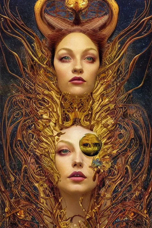 Prompt: Intermittent Chance of Chaos Muse by Karol Bak, Jean Deville, Gustav Klimt, and Vincent Van Gogh, beautiful Surreality portrait, enigma, Loki's Pet Project, destiny, Poe's Angel, fate, inspiration, muse, otherworldly, fractal structures, arcane, ornate gilded medieval icon, third eye, spirals