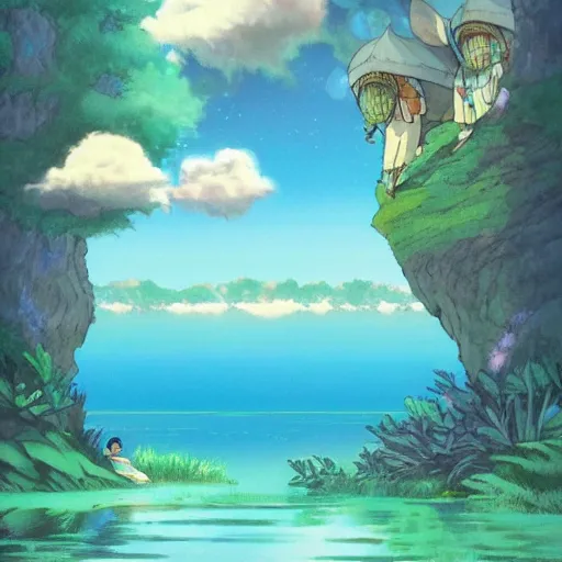 Image similar to a beautiful lake, fantasy art, fresh and bright illustration, animated film, by studio ghibli