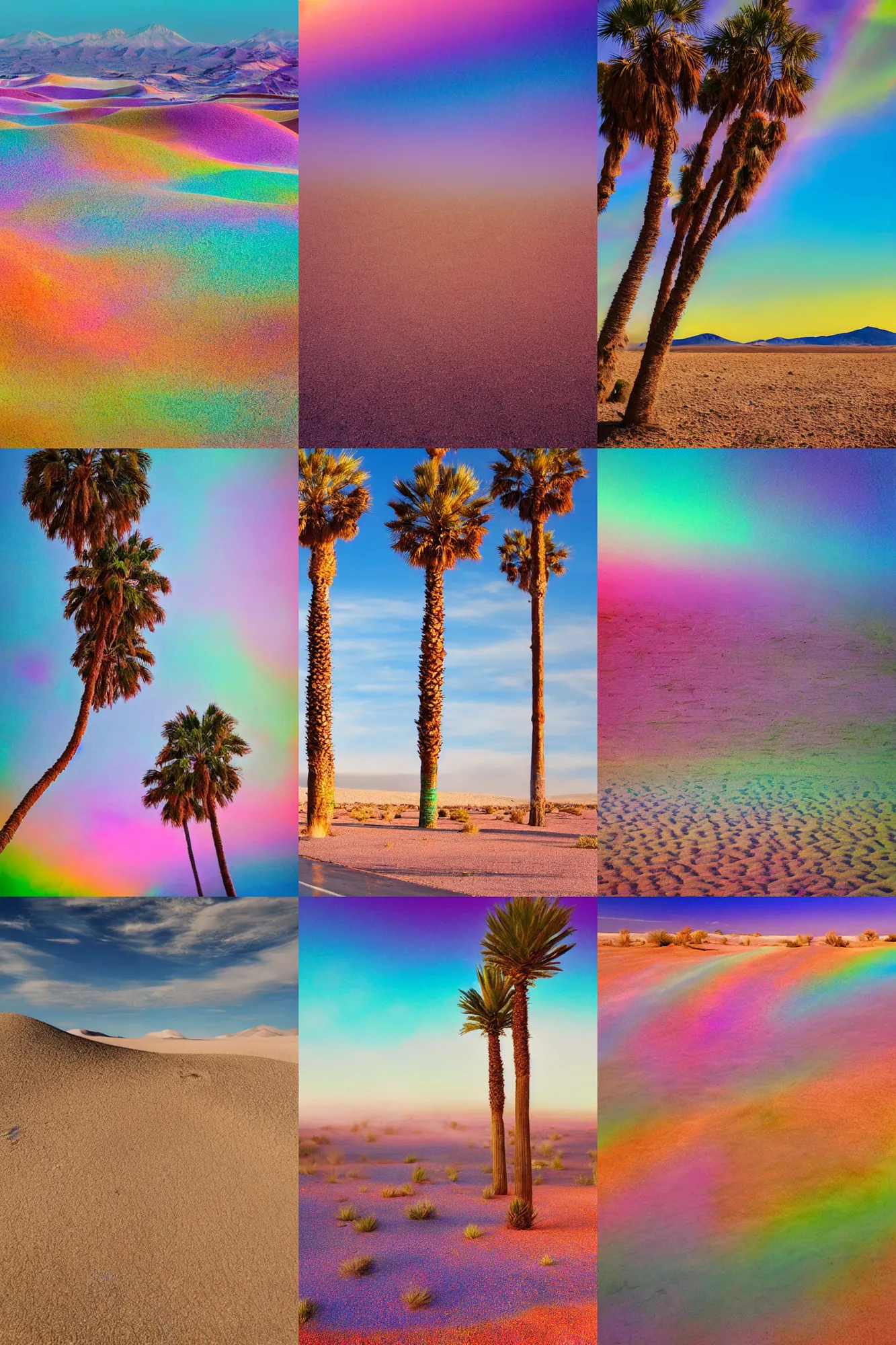 Prompt: beautiful ethereal iridescent pastel colorful foggy nevada desert with colorful multicolored sand and pastel colorful palm trees