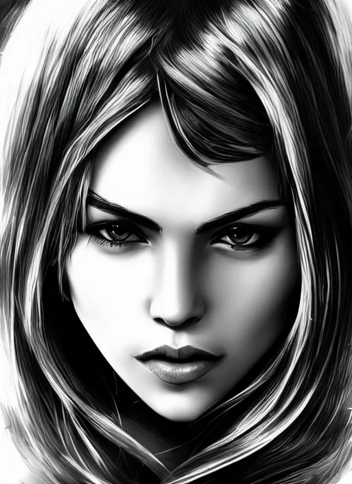 Image similar to headshot of a beautiful woman in black and white, art by diego fazio and diegoKoi, concept art, sharp focus, artgerm, 8k highly detailed