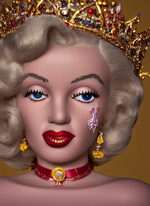 Image similar to closeup face profile portrait of tin toy marilyn monroe as a fairytale princess wearing a crown eating cakes, bikini, depth of field, zeiss lens, detailed, symmetrical, centered, fashion photoshoot, by nicoletta ceccoli, mark ryden, lostfish, breathtaking, 8 k resolution, extremely detailed, beautiful, establishing shot, artistic, hyperrealistic, octane render
