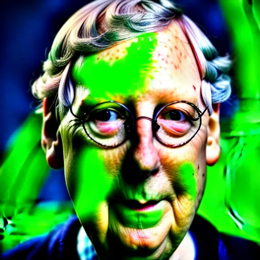 Prompt: photograph portrait of Mitch McConnell covered in green slime, sigma 85mm f/1.4, 4k, depth of field, high resolution, 4k, 8k, hd, full color
