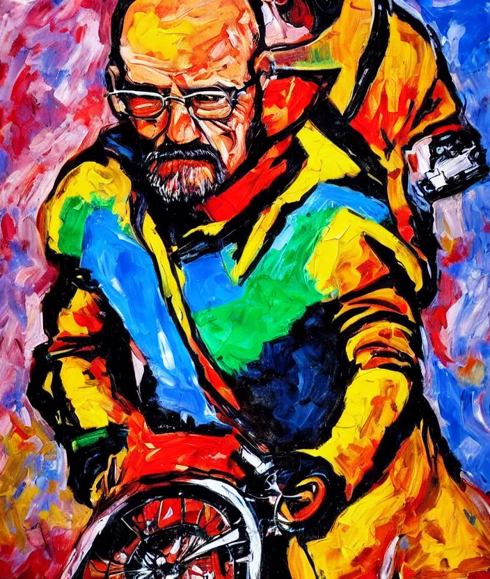 Prompt: expressionist painting of walter white on a motorbike, dynamic perspective, expressionist, colorful, clean