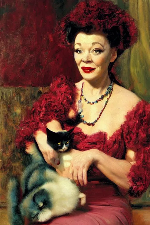 Image similar to beautiful portrait, amanda blake as miss kitty by Jean-Leon Gerome and Richard Schmid and chuck close