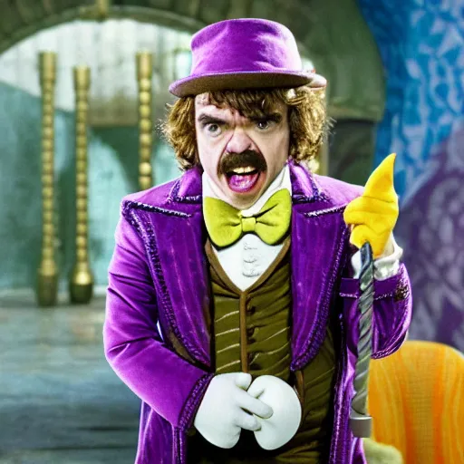 Image similar to film still of peter dinklage as willy wonka, 8 k