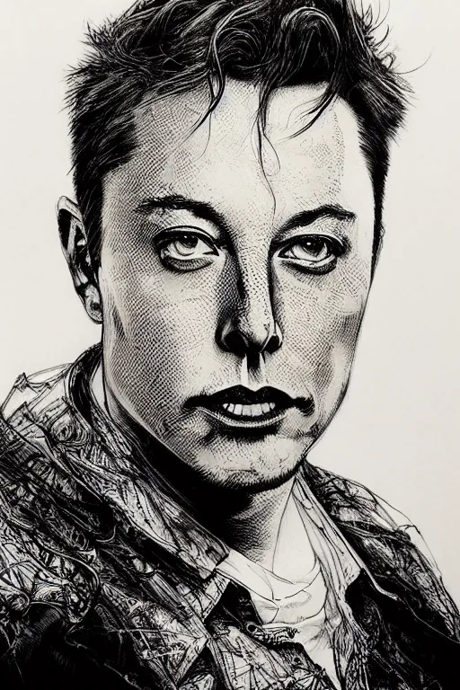 Prompt: Portrait of Elon Musk, pen and ink, intricate line drawings, by Yoshitaka Amano, Ruan Jia, Kentaro Miura, Artgerm