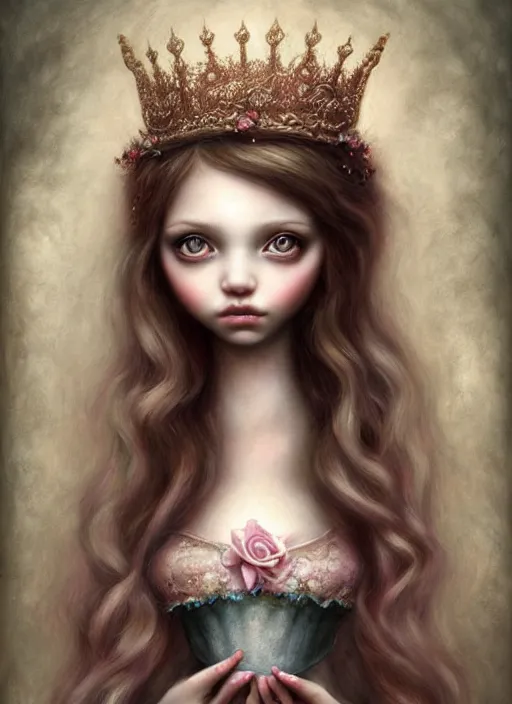 Image similar to portrait of an fairytale princess, beautiful face, hyper realistic, highly detailed, digital painting, artstation, illustration, concept art by nicoletta ceccoli and mark ryden, digital paint, matte paint, washed colors, eating cakes, dark, gloomy, foggy