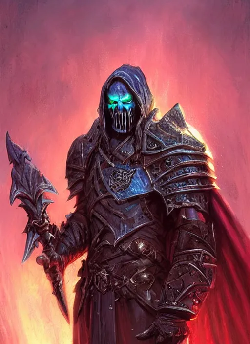 Image similar to death knight, ultra detailed fantasy, dndbeyond, bright, colourful, realistic, dnd character portrait, full body, pathfinder, pinterest, art by ralph horsley, dnd, rpg, lotr game design fanart by concept art, behance hd, artstation, deviantart, hdr render in unreal engine 5