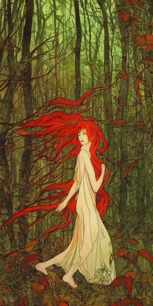 Prompt: a beautiful illustration of a red-head female in a forest, autumn, cinematic composition, mist, style of yoshitaka amano and alfons mucha