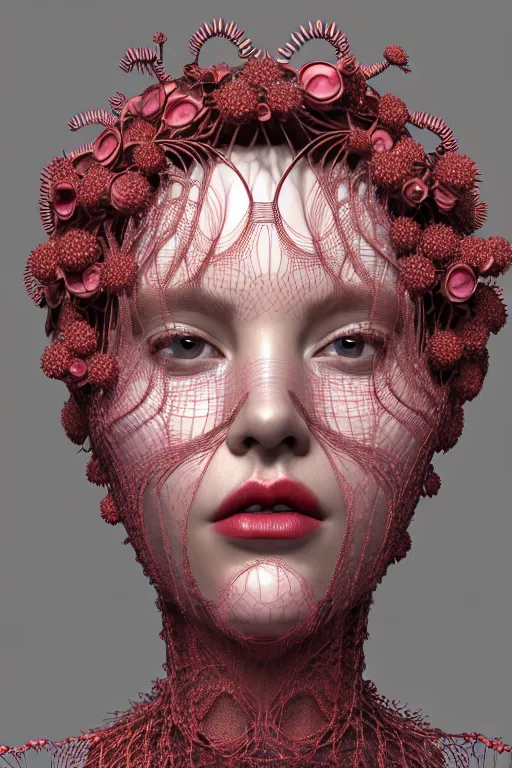 Image similar to complex 3 d render, hyper detailed ultrasharp beautiful biomechanical mandelbrot fractal filigree mesh wire female cyborg portrait with a porcelain profile face, elegant crown with big hydrangea foliage leaves stems roots, red lips, alexander mcqueen haute couture, art nouveau fashion, octane render, 8 k