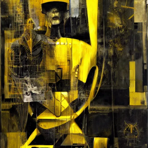 Image similar to a robot kerberos in yellow noir without memory nor feelings, althoughbhe believes he is a god, oil on canvas by dave mckean and james jean