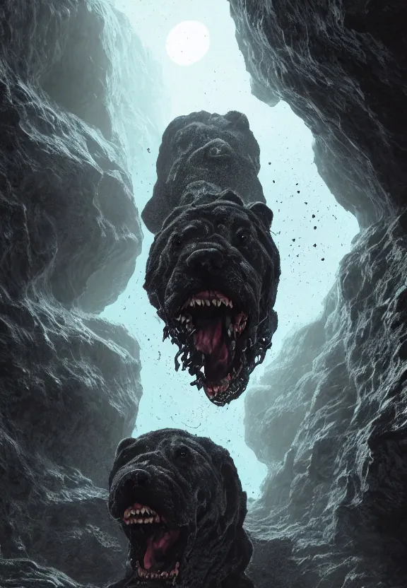 Image similar to three lovecraftian rabies mastiffs attacking inside a claustrophobic dark blue canyon of stone, foaming at the mouth, like ink in water, tapetum lucidum, monsters, digital art, greg rutkowski, junju ito, unreal engine, octane render, cinematic lighting, highly detailed
