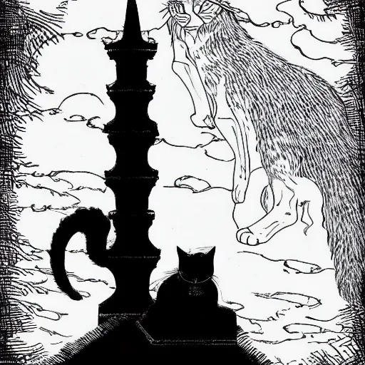 Image similar to a giant cat sitting on top of a victorian castle spire, cat god, style of kentaro miura!!!!, black and white, finely detailed