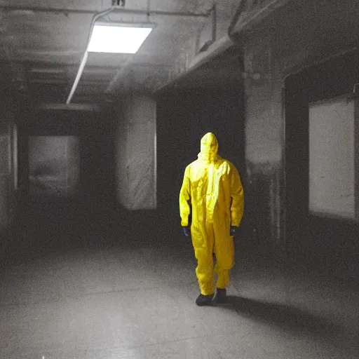 Image similar to a man wearing a yellow hazmat suit inside the backrooms, liminal space, flickering fluorescent lights, eerie mood