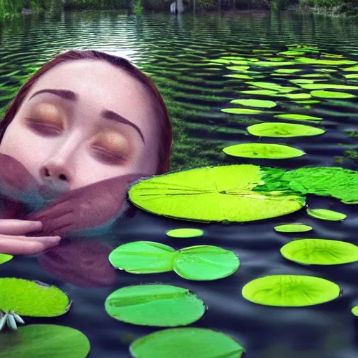 Image similar to A face submerged in shallow water surrounded by lily pads and other vegetation. The eyes are glowing and there is a hand reaching out towards you