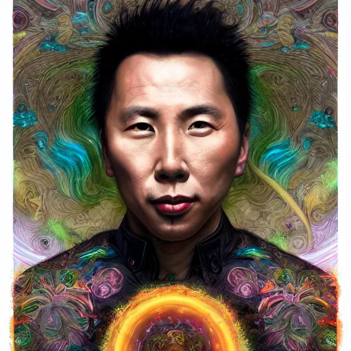 Image similar to portrait of donnie yen, hyper detailed masterpiece, neon floral pattern, jean giraud, digital art painting, darkwave goth aesthetic, psychedelic, artgerm, donato giancola and tom bagshaw