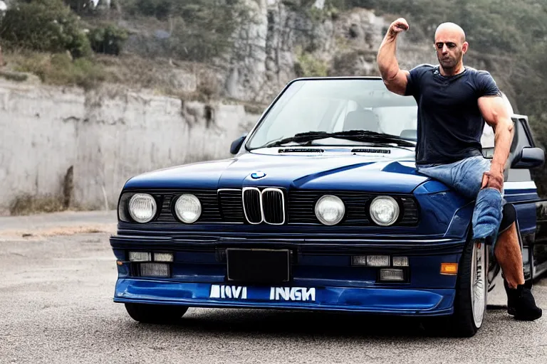 Prompt: Angry Jason Statham lifts BMW e30 that sits above him