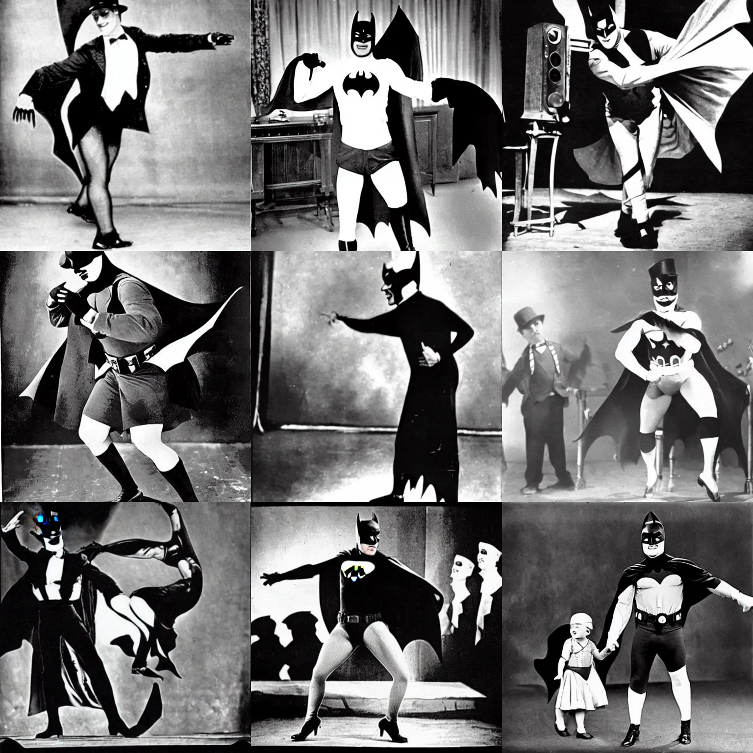 Prompt: batman dancing in a vaudeville show, 1 9 2 0 s television still