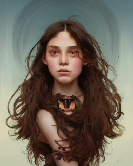 Prompt: symmetry!! portrait of 1 5 - year - old girl with voluminous bushy brown hair, large front teeth, and bright piercing brown eyes, highly detailed, digital painting, artstation, concept art, smooth, sharp focus, illustration, art by artgerm and greg rutkowski and alphonse mucha