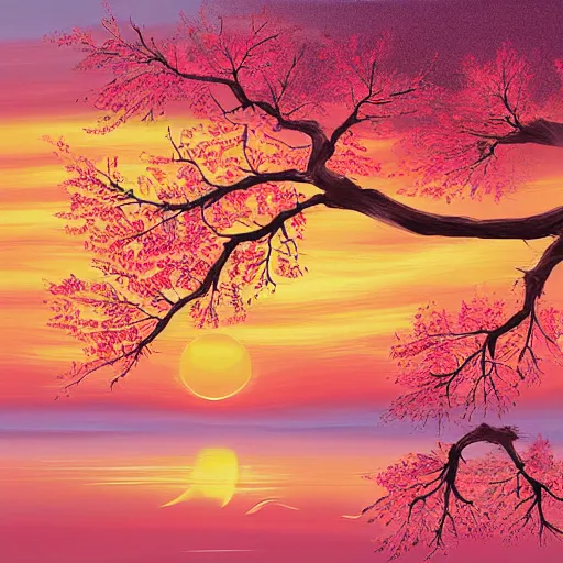 Image similar to birds on cherry tree, Changelingcore, serene, graceful, sunset photo at golden hour, Kodachrome, digital painting