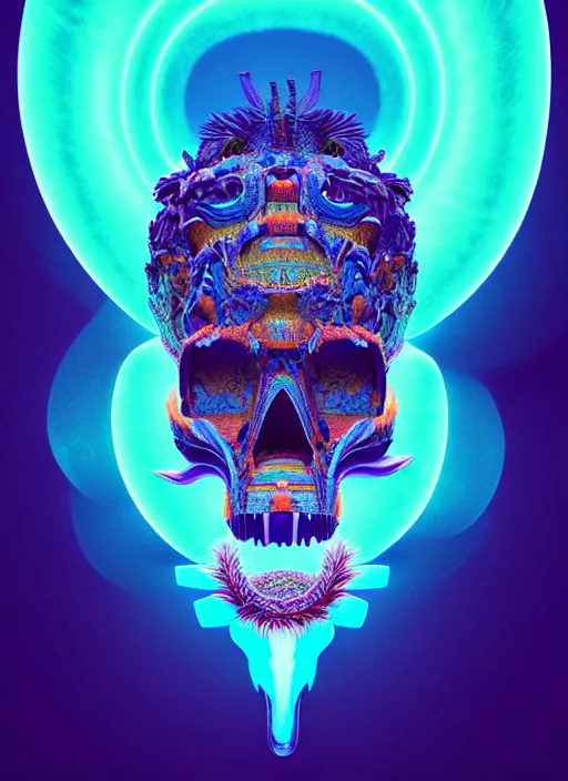 Image similar to 3 d totem portrait, sigma 5 0 0 mm f / 5. global illumination beautiful intricate highly detailed quetzalcoatl skull and feathers. bioluminescent, plasma, lava, ice, water, wind, creature, thunderstorm! artwork by tooth wu and wlop and beeple and greg rutkowski, 8 k trending on artstation,