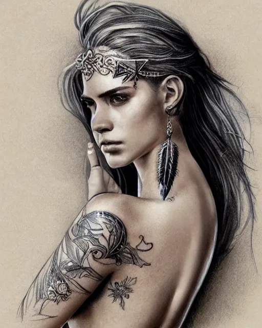 Image similar to tattoo sketch of beautiful greek goddess aphrodite with arrowhead earrings, beautiful feather jewelry, beautiful piercing eyes, flowing blonde hair, realistic face, hyper realistic, in the style of greg rutkowski, fantasy, amazing detail, epic, elegant, smooth, sharp focus, from the front