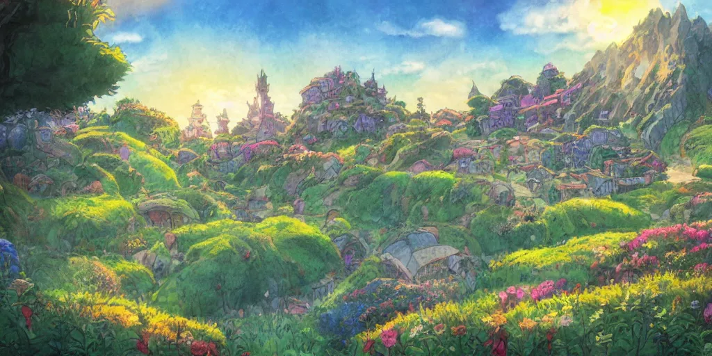 Prompt: a still of a background from howl's moving castle!!!!! of hobbiton, light bloom, studio ghibli!!!!!