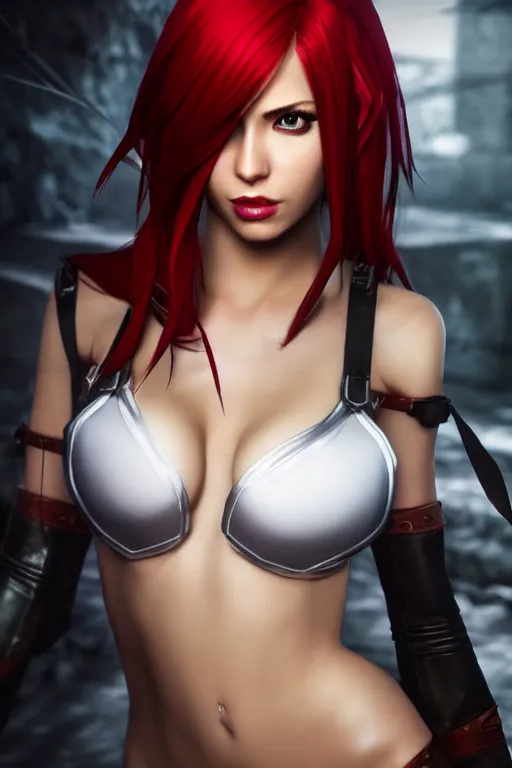 Image similar to Katarina from League of Legends, photorealistic full body, studio lighting, white ambient background, unreal engine 2, hyperrealistic, highly detailed, realistic