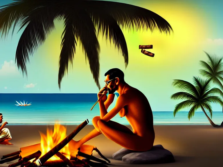 Image similar to side view of gandhi holding a cigar, sitting on a beach, next to a campfire, with palm trees and different types of beach animals parrot turtle lizard crab coconuts in the back, glorious lighting, epic environment, highly detailed, digital art, hyper realistic