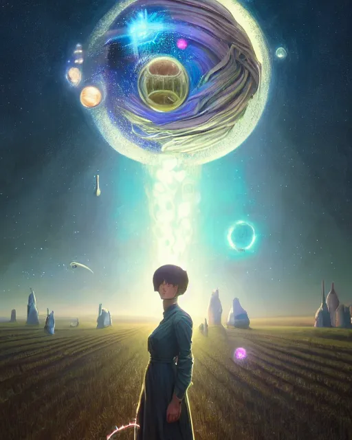 Image similar to highly detailed surreal vfx portrait of a futuristic mage in a rural farm with planets in background, stephen bliss, unreal engine, greg rutkowski, loish, rhads, beeple, makoto shinkai and lois van baarle, ilya kuvshinov, rossdraws, tom bagshaw, alphonse mucha, global illumination, detailed and intricate environment