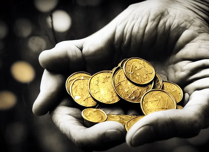 Image similar to old retro burnt out sepia photograph with scratches of an old and wrinkled hand holding a few golden coins with royal engravings. magical forest in the background with bokeh. Antique. High quality 8k. Intricate. Sony a7r iv 35mm. Award winning. Zdzislaw beksinski style