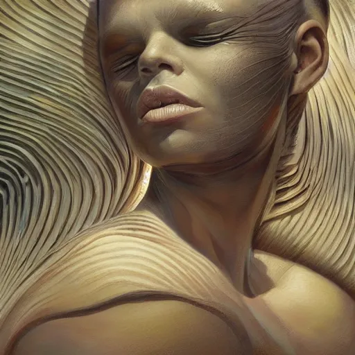 Prompt: detailed face of a woman with opalescent eyes in a biomorphic courtyard with dna sculptures at a science expo, atmospheric, ambient, pj crook, syd mead, livia prima, artgerm, greg rutkowski, nick alm, casey baugh