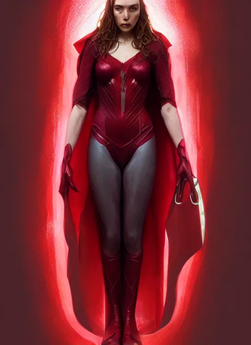 Image similar to Scarlet Witch, full body portrait, hyper detailed, digital art, trending in artstation, cinematic lighting, studio quality, smooth render, unreal engine 5 rendered, octane rendered, art style by klimt and nixeu and ian sprigger and wlop and krenz cushart