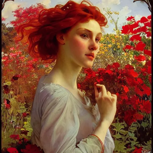Prompt: a beautiful red haired woman in a garden, beautiful painting by irakli nadar and alphonse mucha