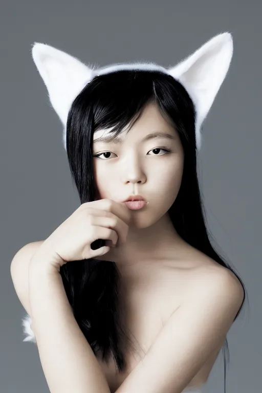 Prompt: aesthetic photograph of alluring young Japanese woman wearing white cat ears, by Nick Knight and jia ruan, headshot, cat-girl cosplay, realistic, photorealistic, HD, 4k resolution